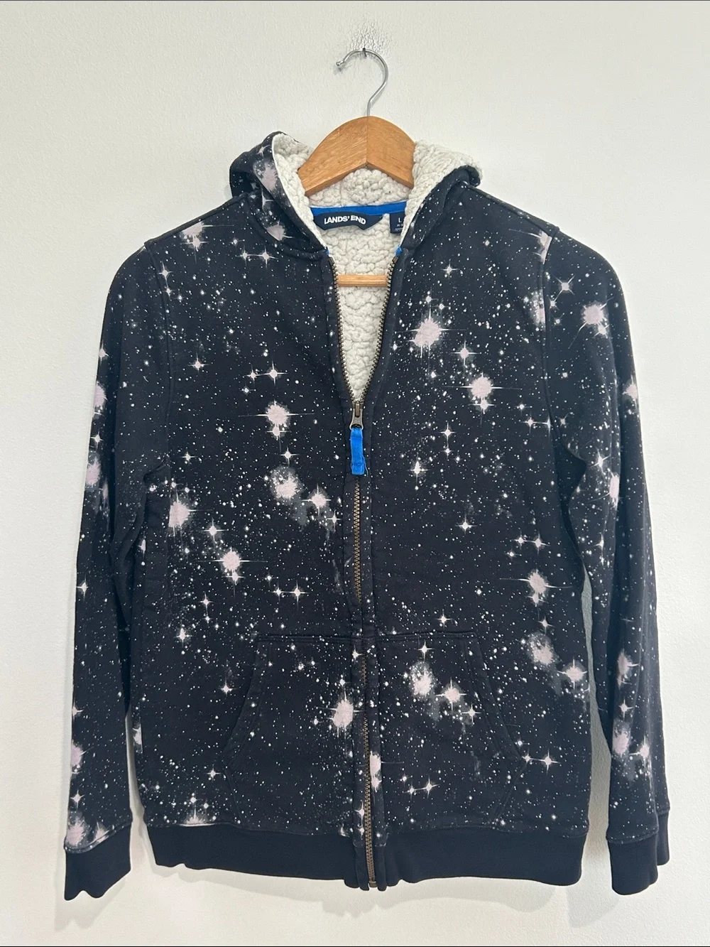 Lands‎ End Sherpa Fleece Lined Hoodie Space Print Boys Large 14-16